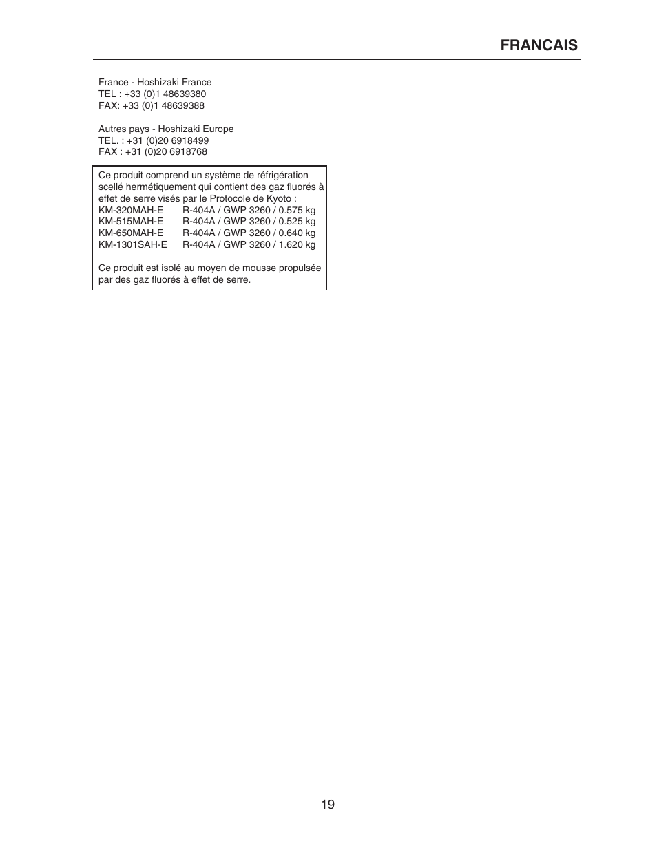 Francais | Hoshizaki KM-515MAH-E User Manual | Page 19 / 30