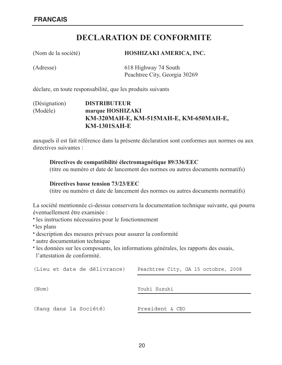 Declaration de conformite | Hoshizaki KM-515MAH-E User Manual | Page 20 / 30