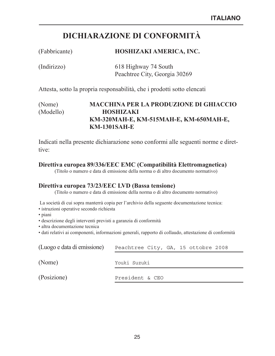 Dichiarazione di conformità | Hoshizaki KM-515MAH-E User Manual | Page 25 / 30