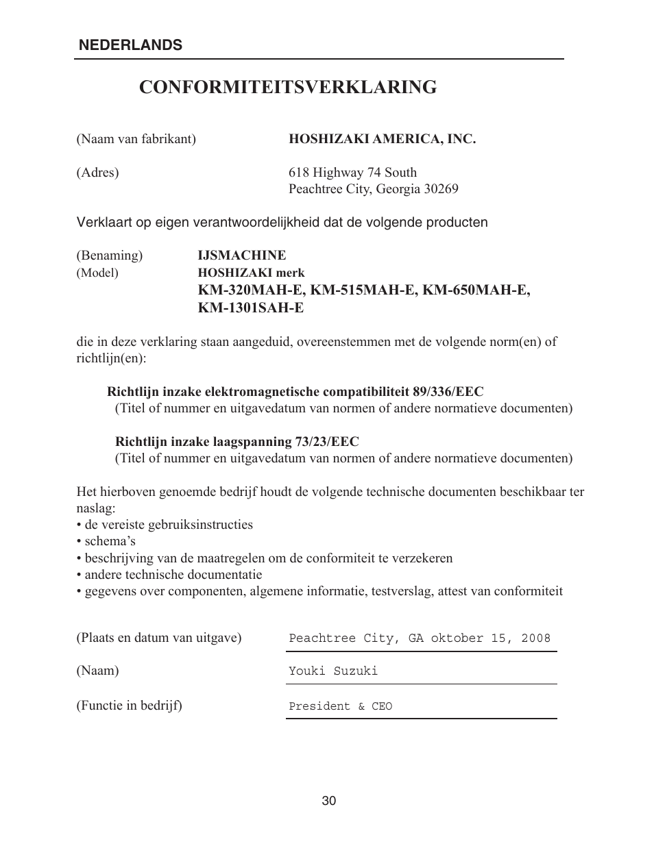 Conformiteitsverklaring | Hoshizaki KM-515MAH-E User Manual | Page 30 / 30