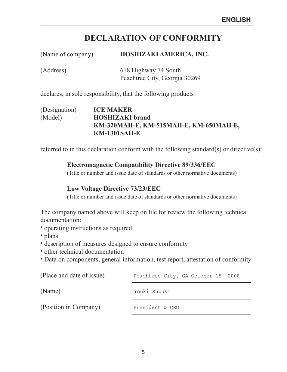 Declaration of conformity | Hoshizaki KM-515MAH-E User Manual | Page 5 / 30
