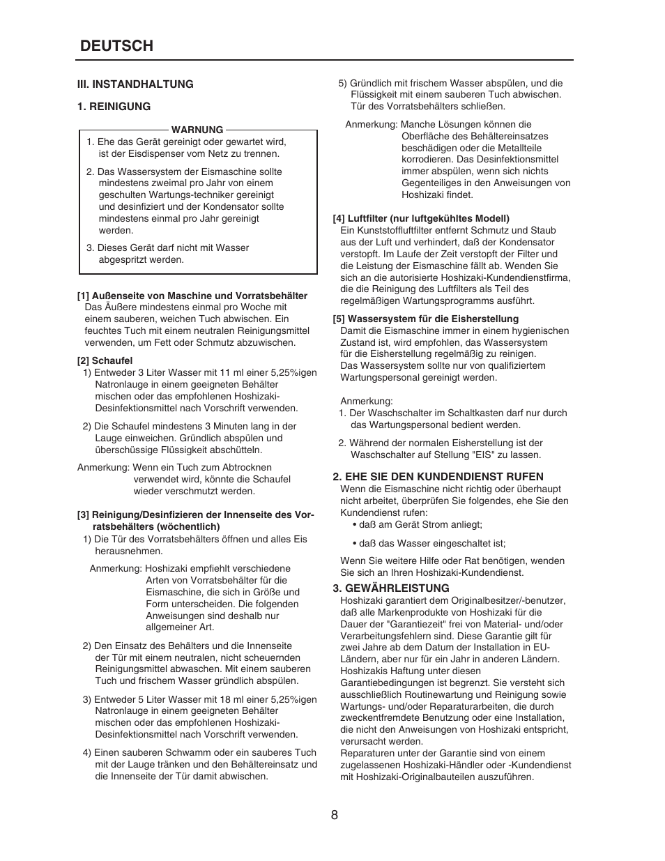 Deutsch | Hoshizaki KM-515MAH-E User Manual | Page 8 / 30