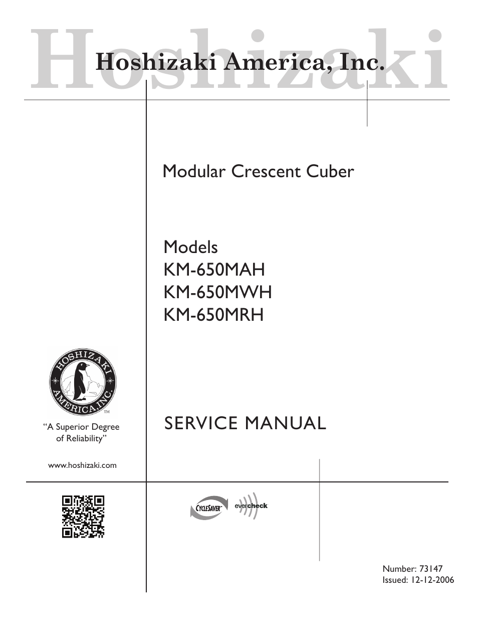 Hoshizaki MODULAR CRESCENT CUBER KM-650MWH User Manual | 54 pages