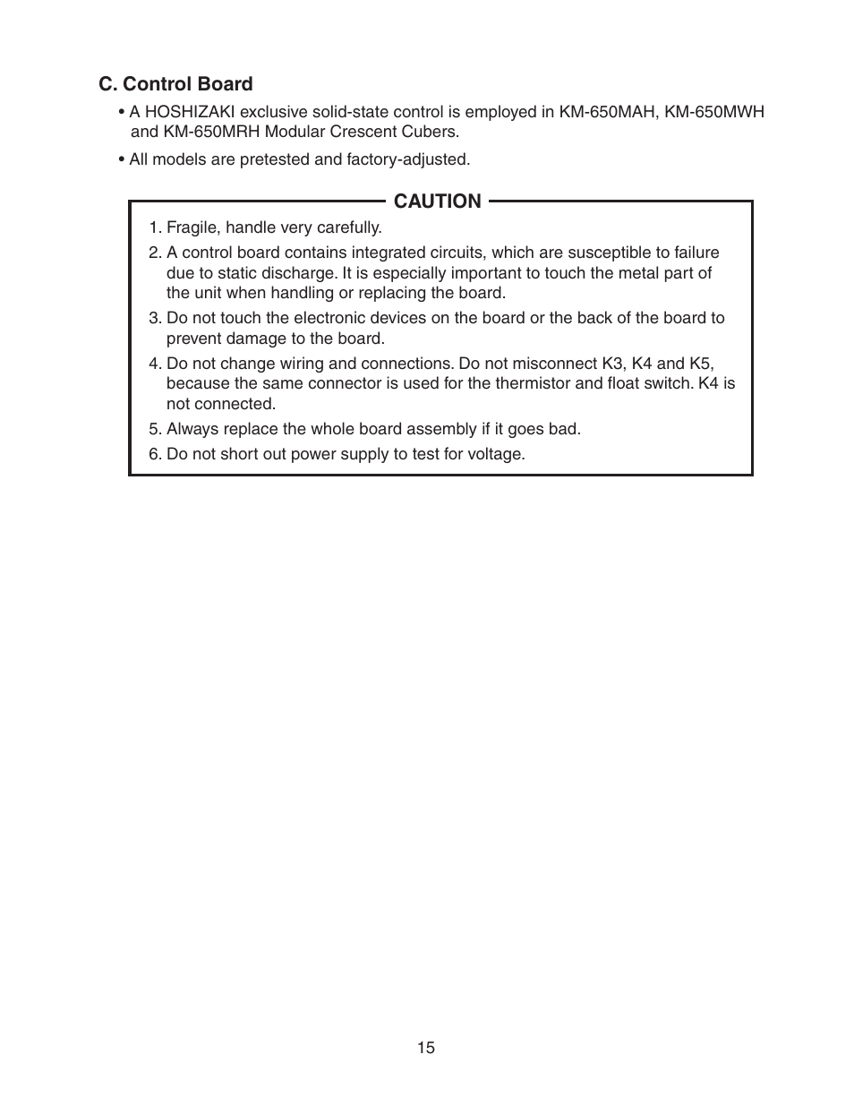 C. control board | Hoshizaki MODULAR CRESCENT CUBER KM-650MWH User Manual | Page 15 / 54