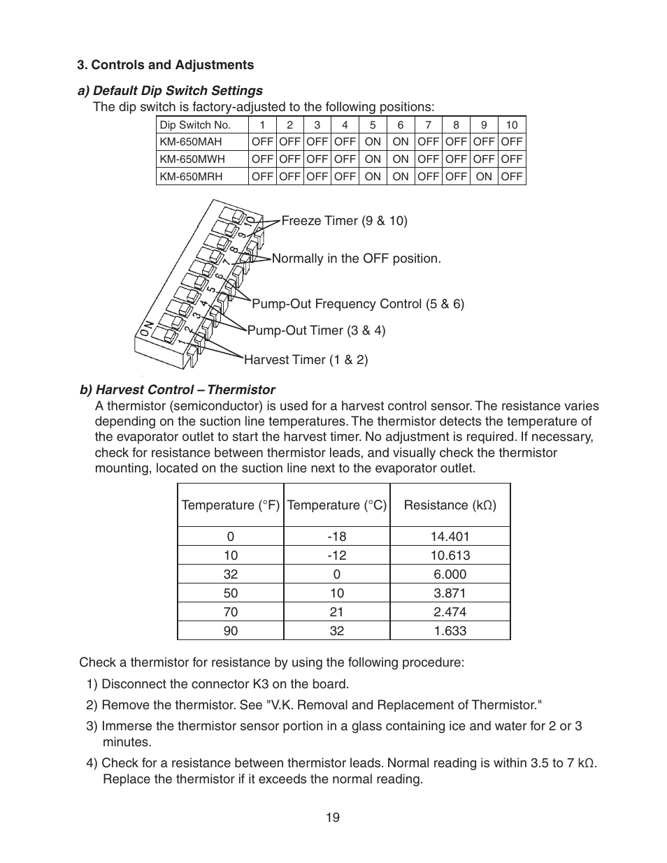 Controls and adjustments, A) default dip switch settings, B) harvest control – thermistor | Hoshizaki MODULAR CRESCENT CUBER KM-650MWH User Manual | Page 19 / 54