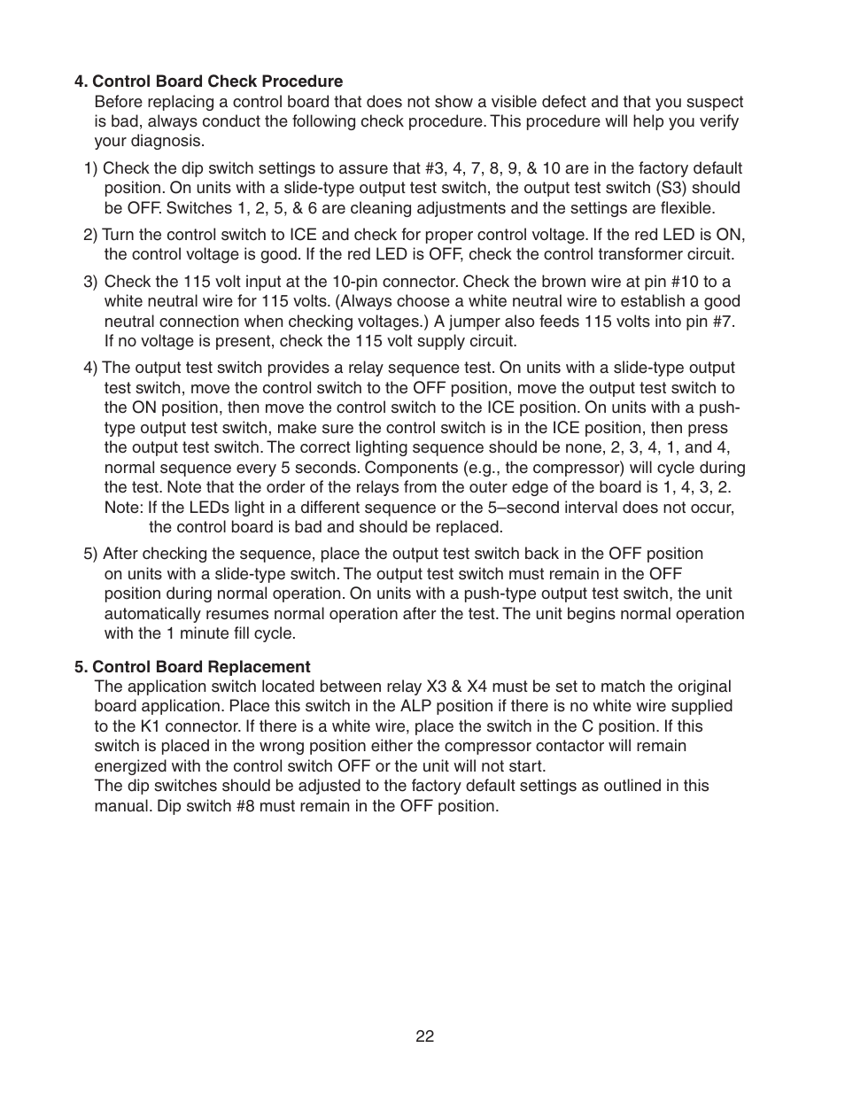 Control board check procedure, Control board replacement | Hoshizaki MODULAR CRESCENT CUBER KM-650MWH User Manual | Page 22 / 54