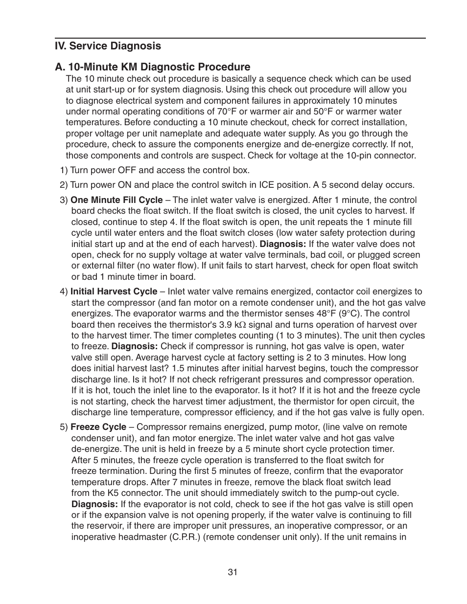 Iv. service diagnosis, A. 10-minute km diagnostic procedure | Hoshizaki MODULAR CRESCENT CUBER KM-650MWH User Manual | Page 31 / 54