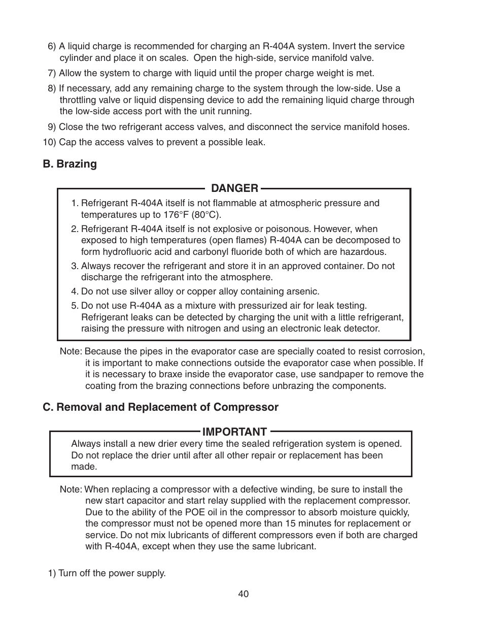 B. brazing, C. removal and replacement of compressor | Hoshizaki MODULAR CRESCENT CUBER KM-650MWH User Manual | Page 40 / 54