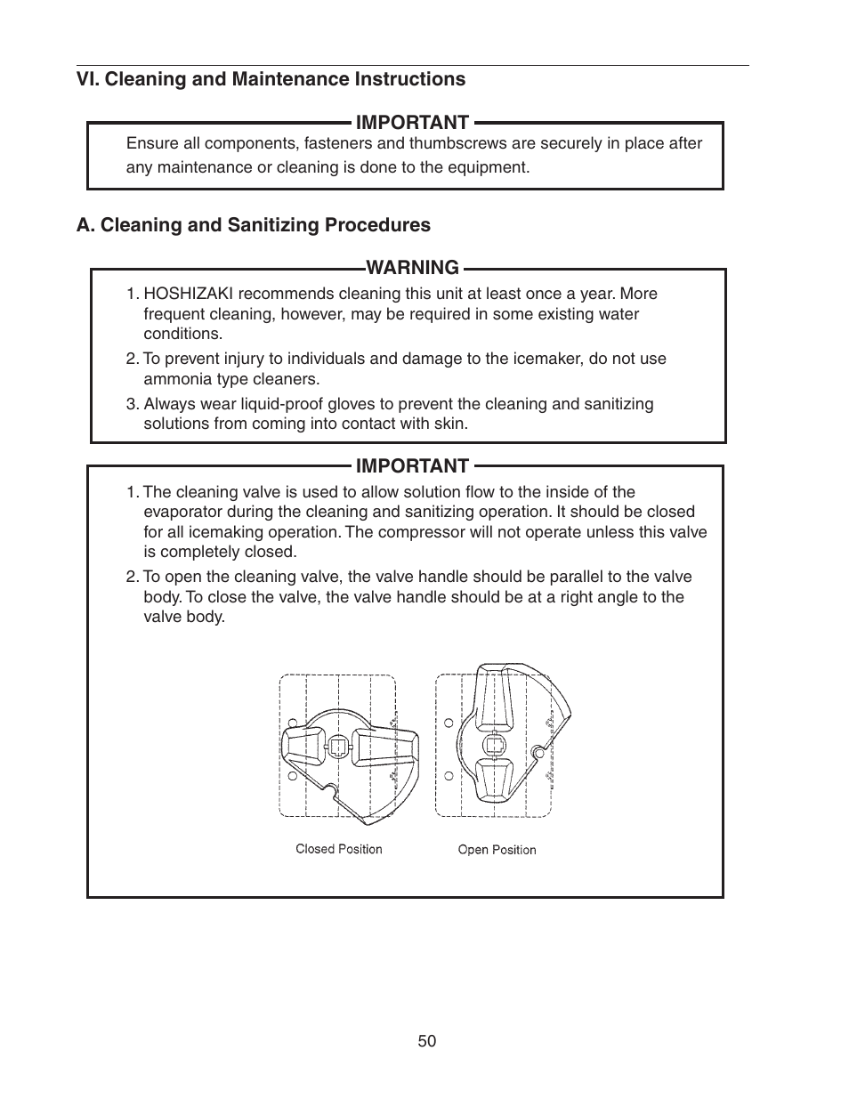 Vi. cleaning and maintenance instructions, A. cleaning and sanitizing procedures | Hoshizaki MODULAR CRESCENT CUBER KM-650MWH User Manual | Page 50 / 54