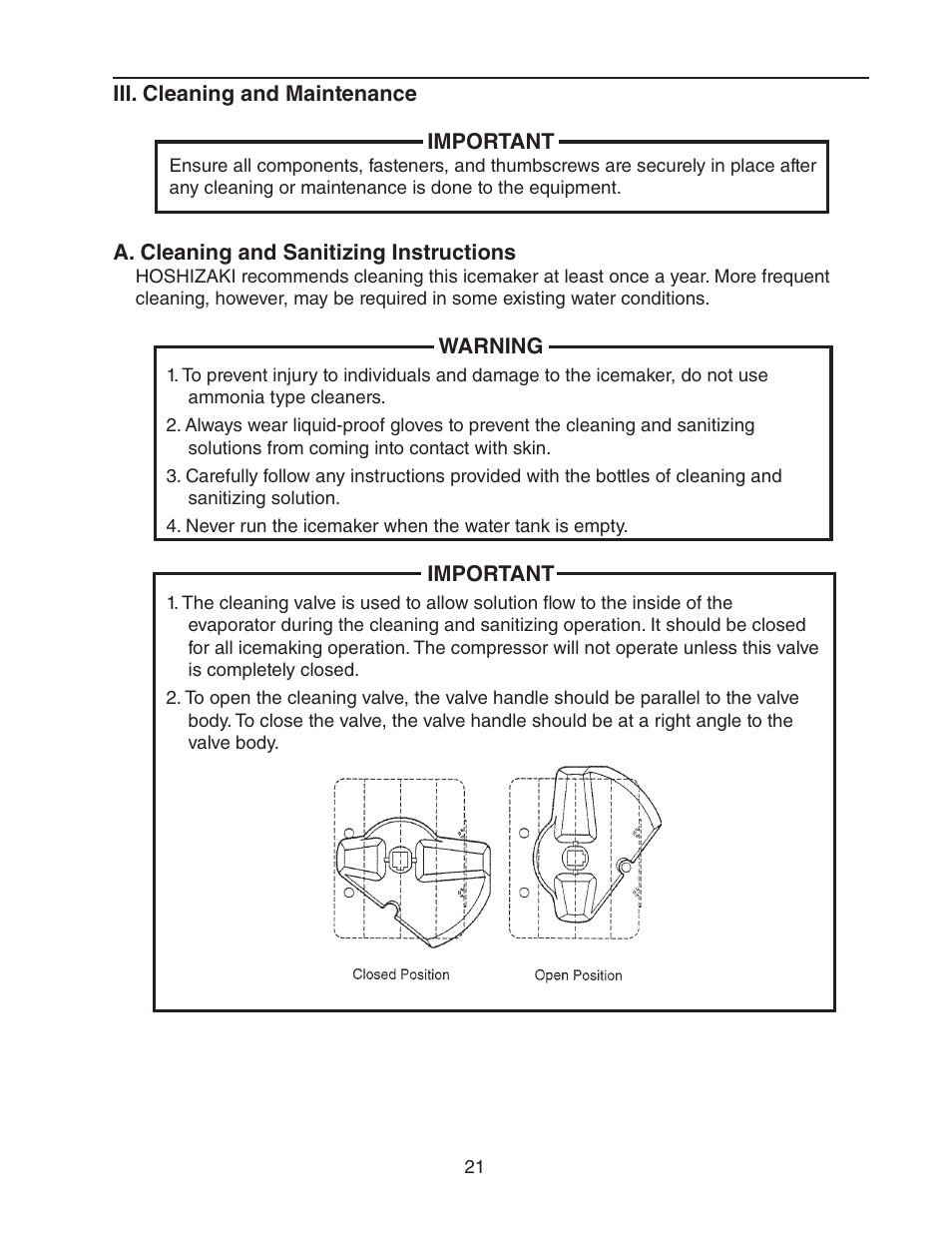 Iii. cleaning and maintenance, A. cleaning and sanitizing instructions | Hoshizaki KMD-901MRH User Manual | Page 21 / 27