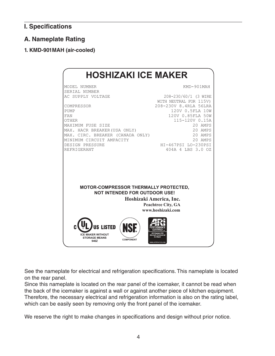 I. specifications, A. nameplate rating, Kmd-901mah (air-cooled) | Hoshizaki ice maker, I. specifications a. nameplate rating | Hoshizaki KMD-901MRH User Manual | Page 4 / 27