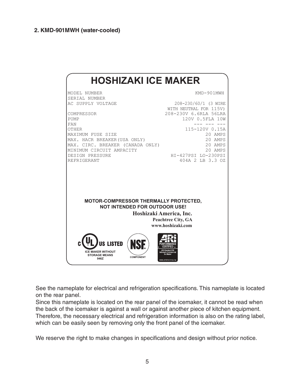 Kmd-901mwh (water-cooled), Hoshizaki ice maker | Hoshizaki KMD-901MRH User Manual | Page 5 / 27