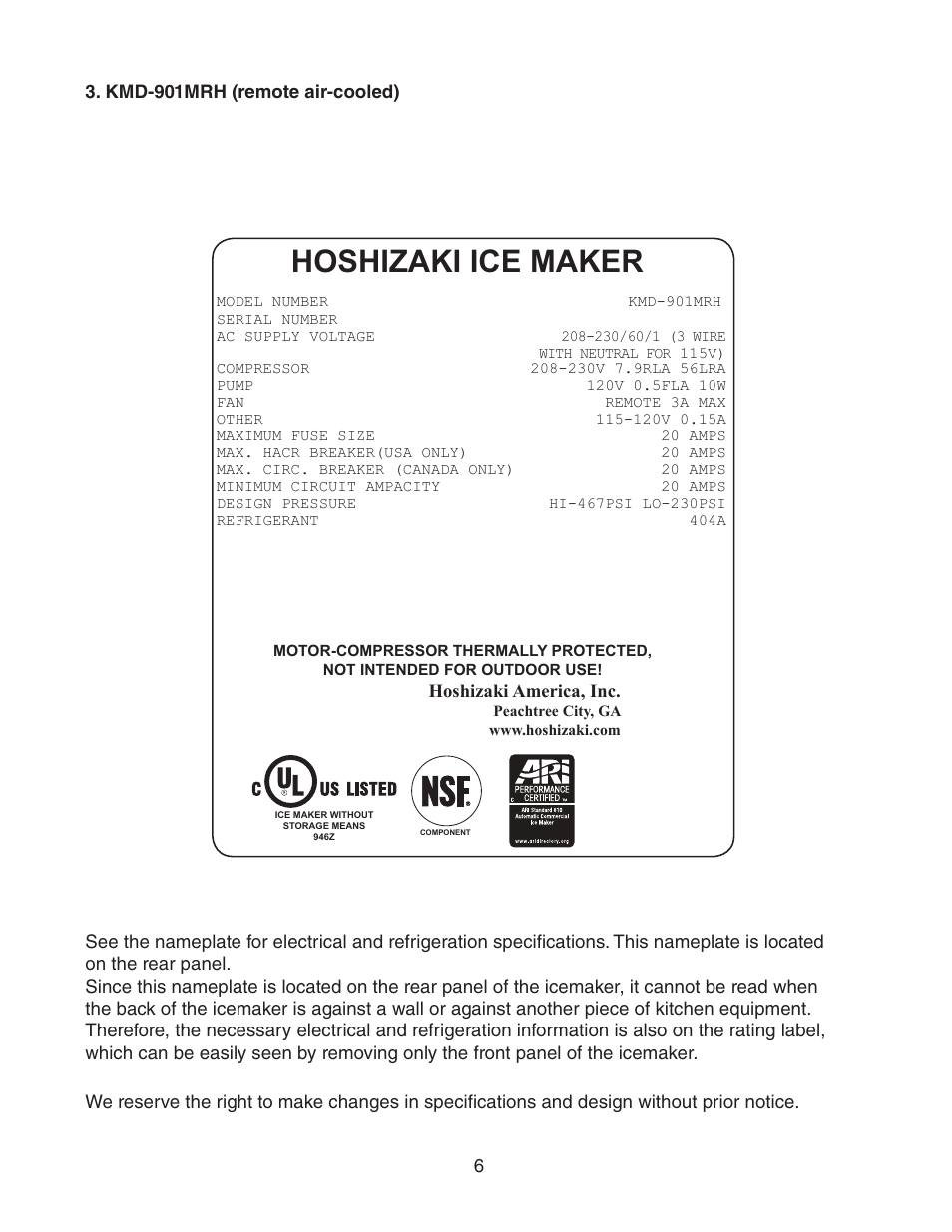 Kmd-901mrh (remote air-cooled), Hoshizaki ice maker | Hoshizaki KMD-901MRH User Manual | Page 6 / 27