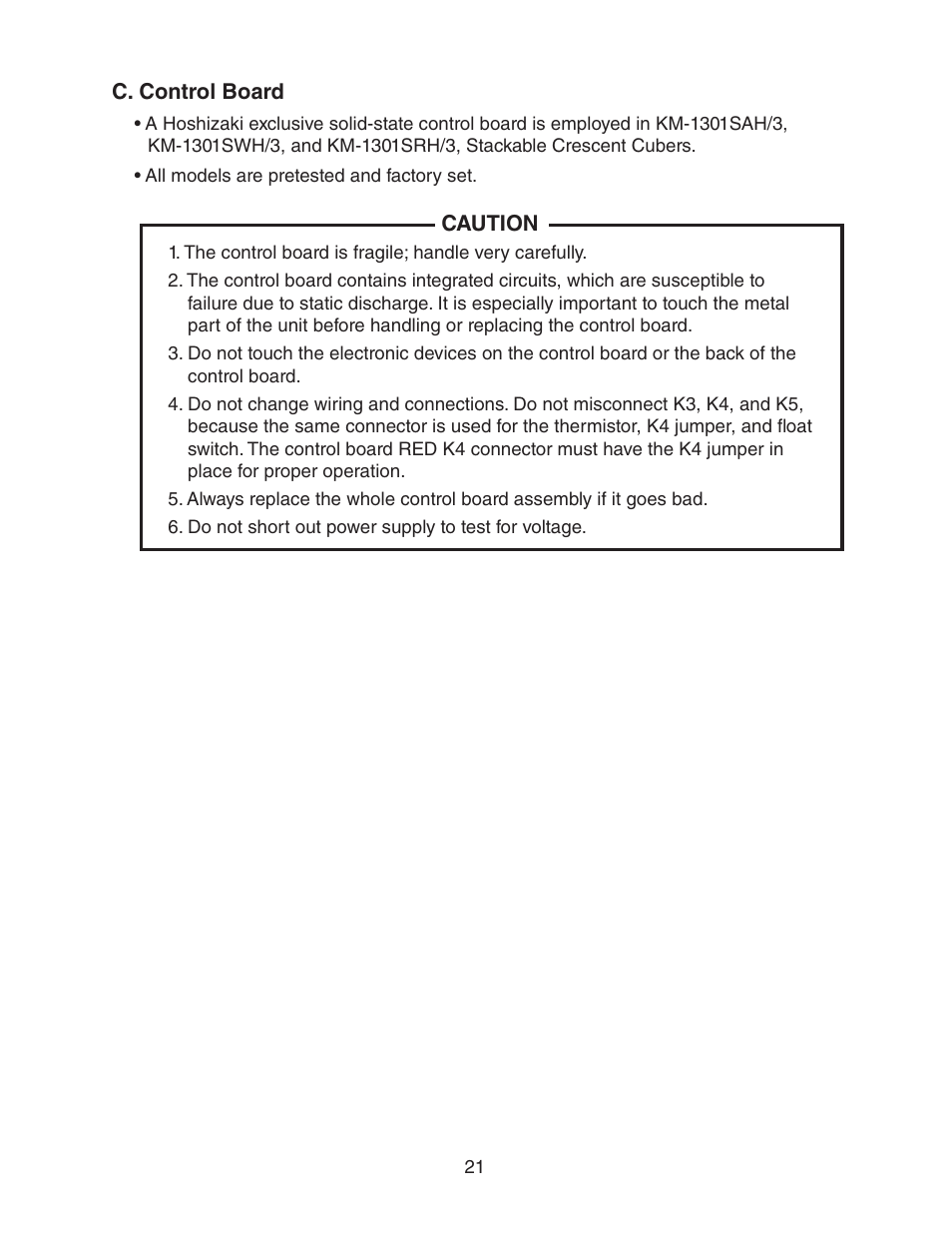 C. control board | Hoshizaki KM-1301SAH/3 User Manual | Page 21 / 84