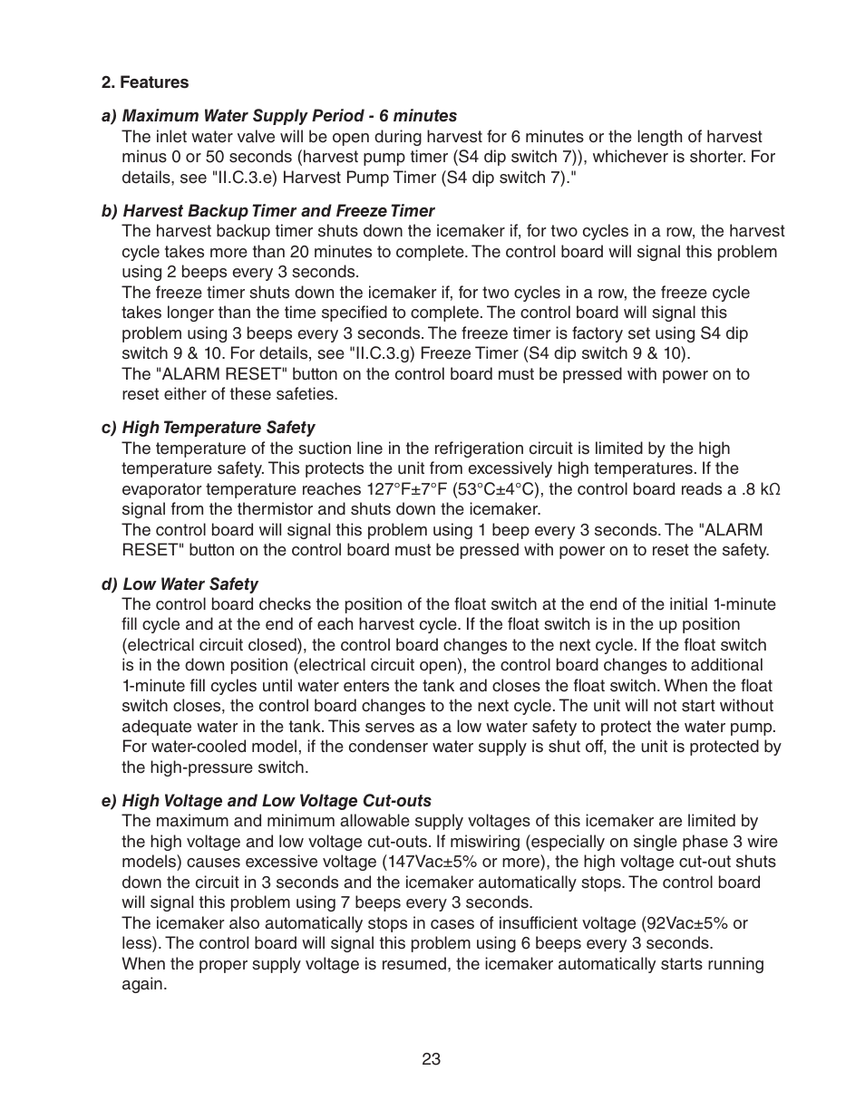 Features, A) maximum water supply period - 6 minutes, B) harvest backup timer and freeze timer | C) high temperature safety, D) low water safety, E) high voltage and low voltage cut-outs | Hoshizaki KM-1301SAH/3 User Manual | Page 23 / 84
