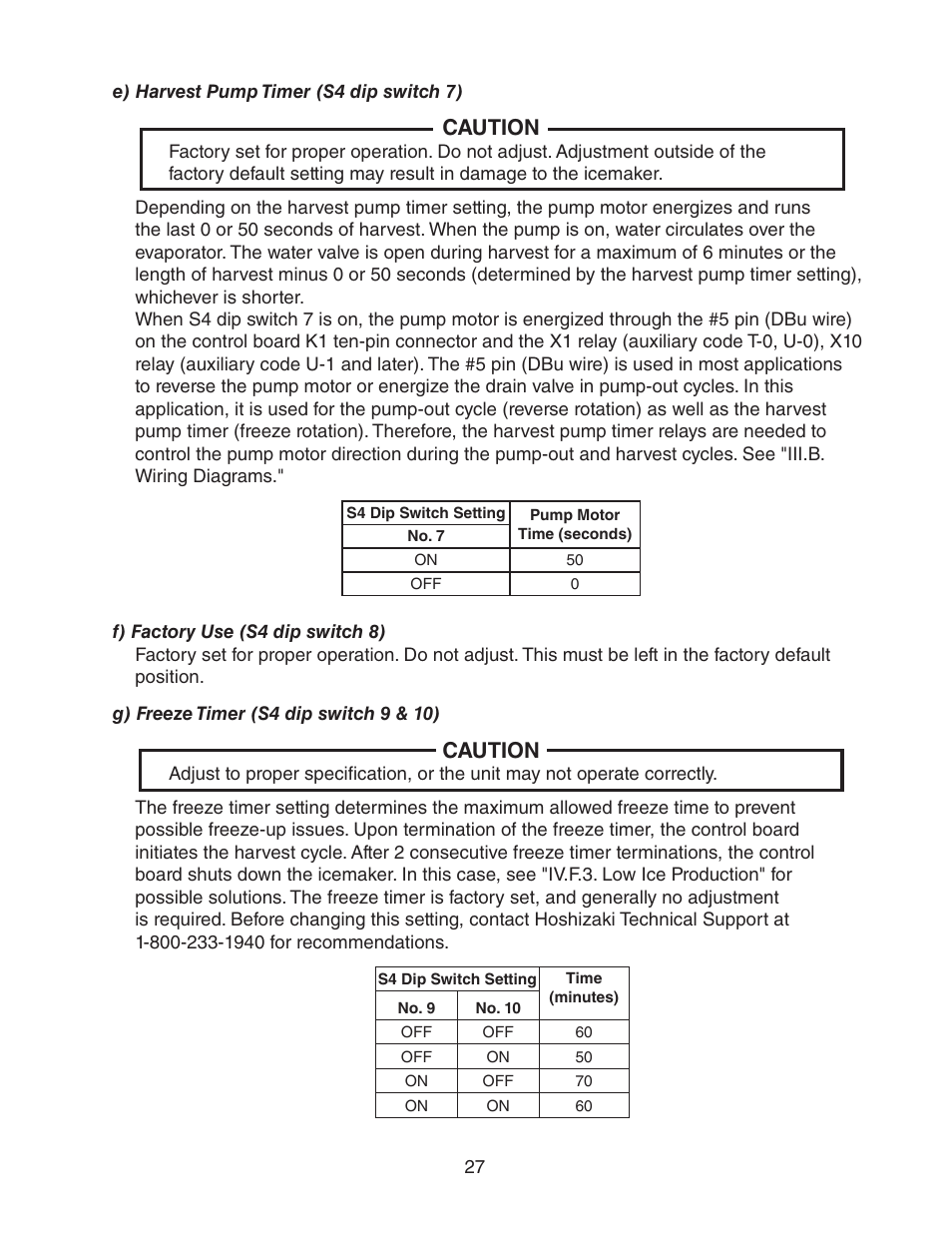 E) harvest pump timer (s4 dip switch 7), F) factory use (s4 dip switch 8), G) freeze timer (s4 dip switch 9 & 10) | Caution | Hoshizaki KM-1301SAH/3 User Manual | Page 27 / 84