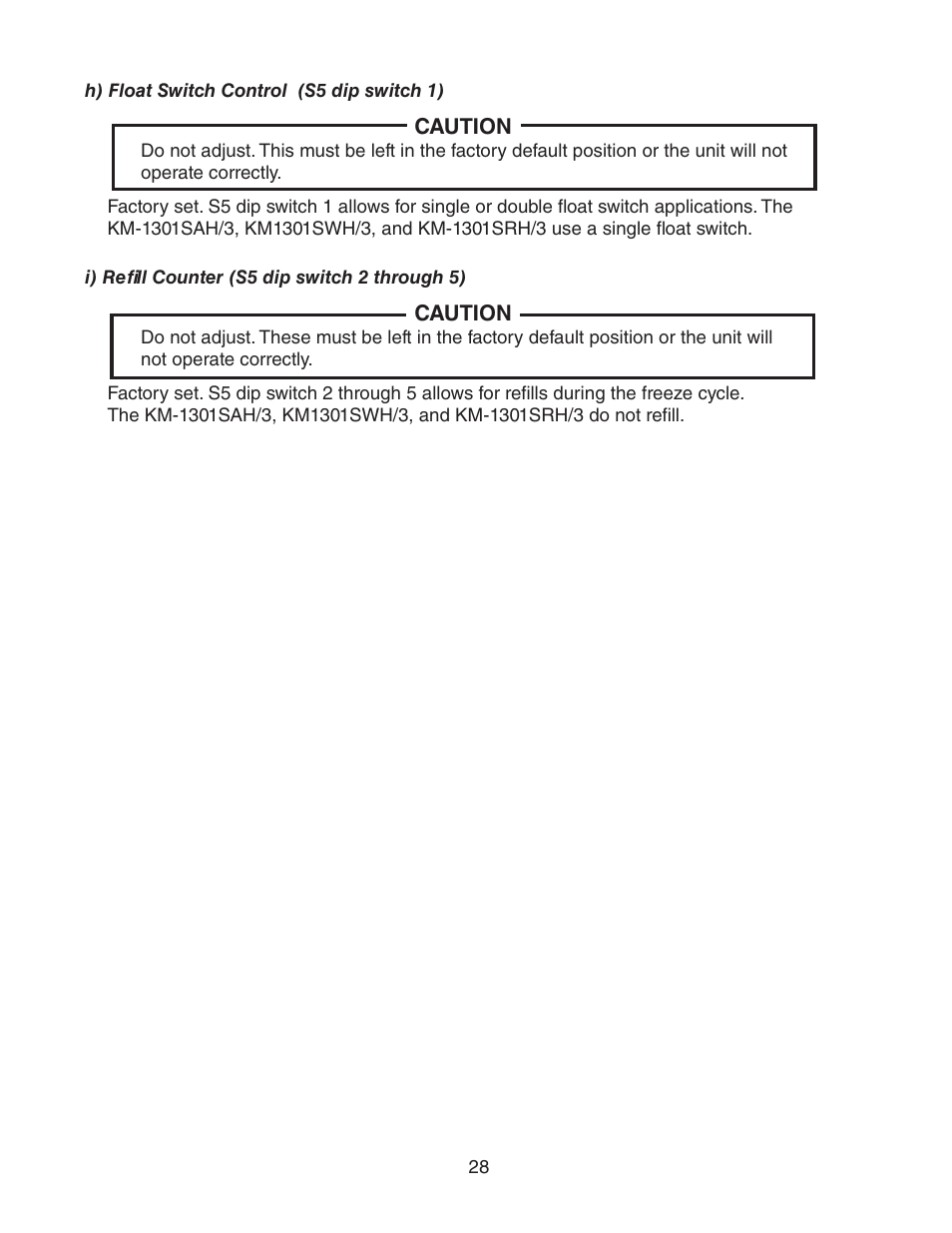 H) float switch control (s5 dip switch 1), I) refill counter (s5 dip switch 2 through 5) | Hoshizaki KM-1301SAH/3 User Manual | Page 28 / 84