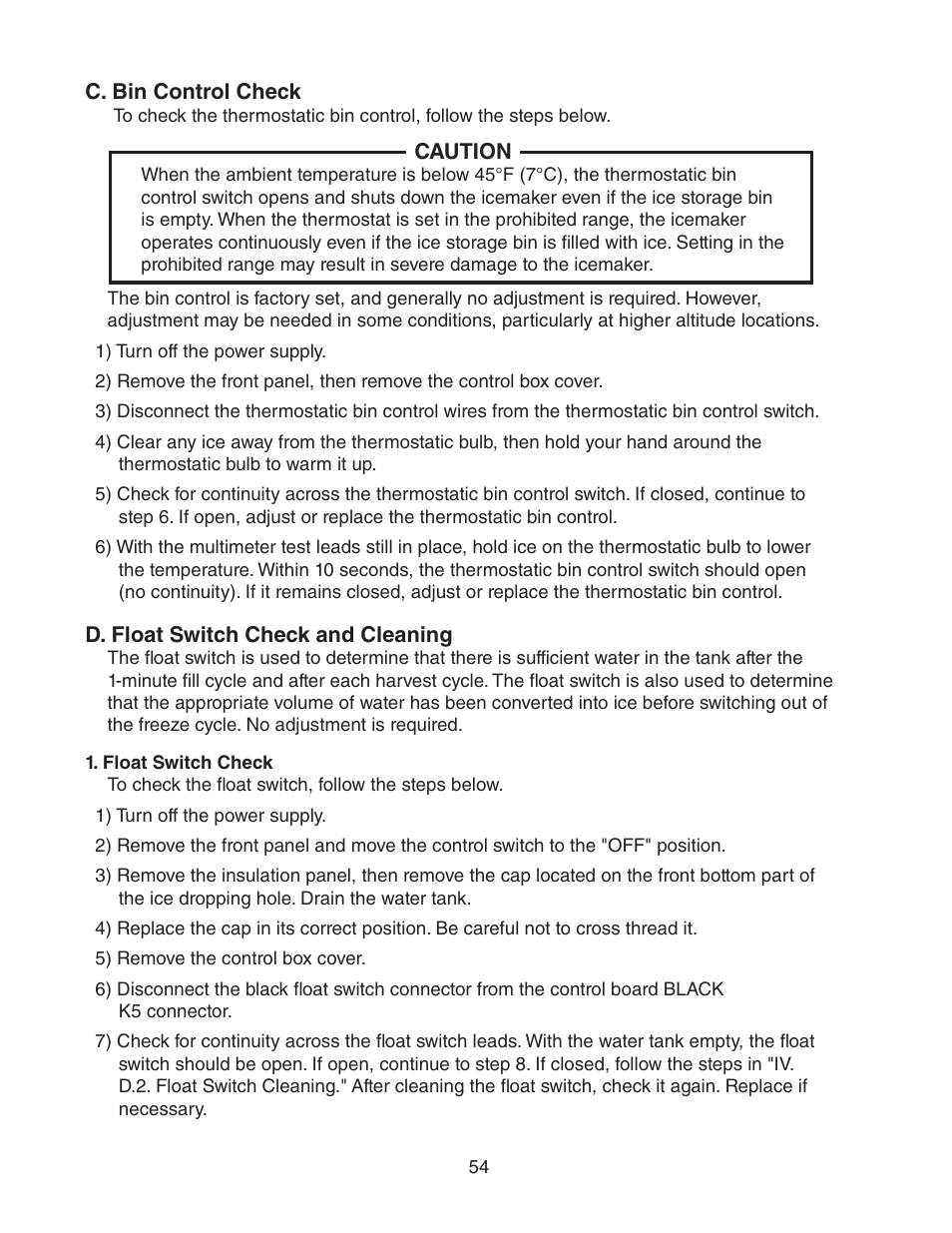 C. bin control check, D. float switch check and cleaning, Float switch check | Hoshizaki KM-1301SAH/3 User Manual | Page 54 / 84