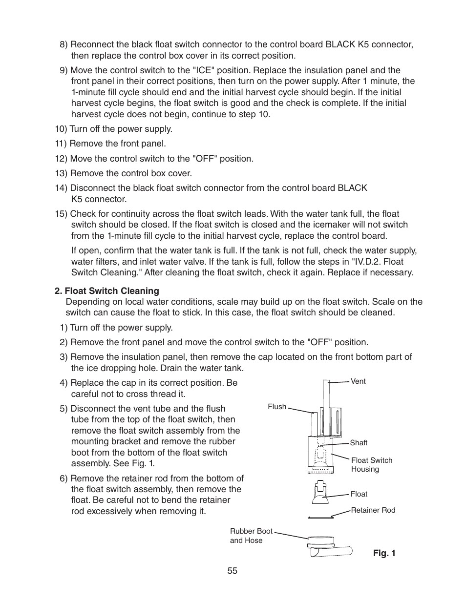 Float switch cleaning | Hoshizaki KM-1301SAH/3 User Manual | Page 55 / 84