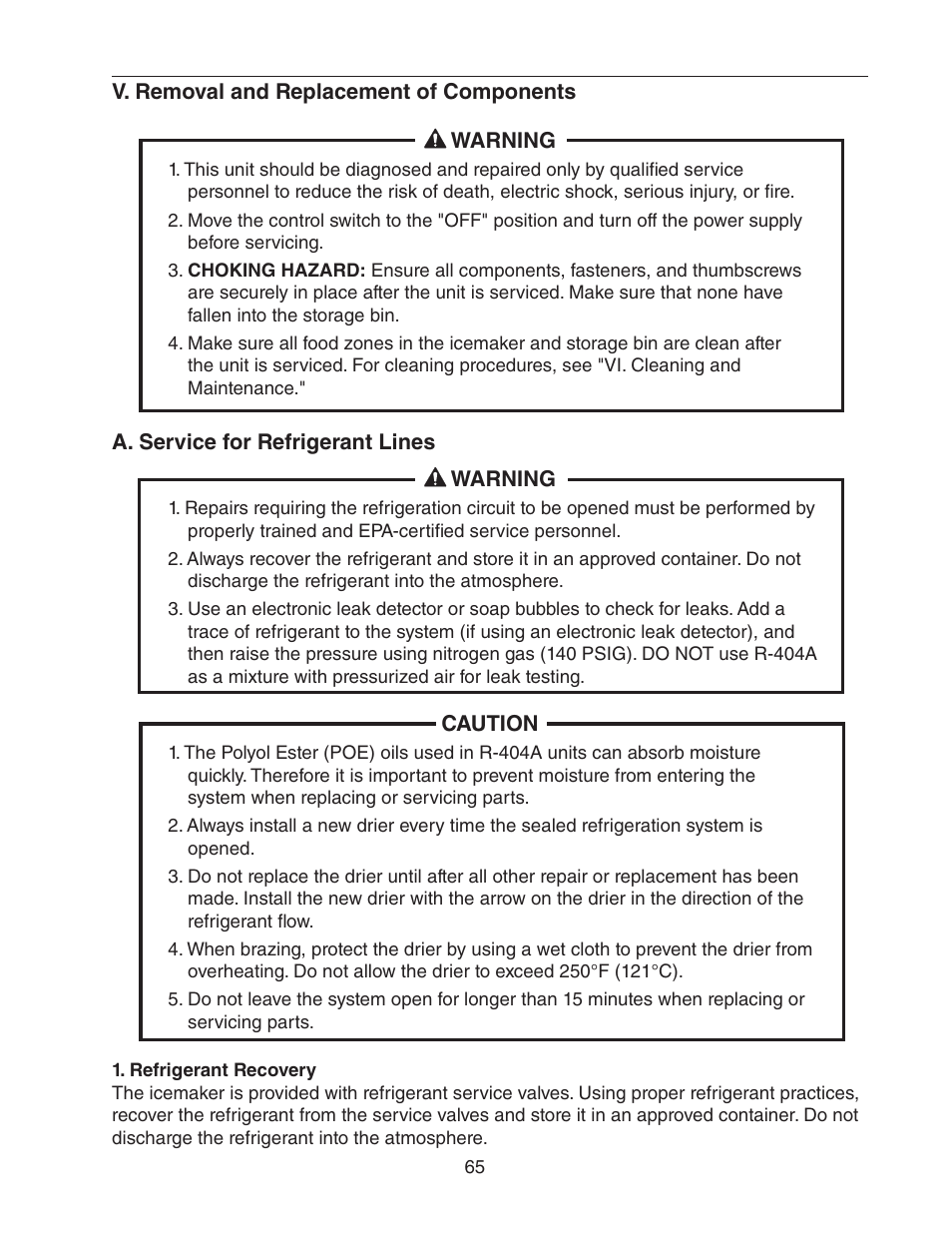 V. removal and replacement of components, A. service for refrigerant lines, Refrigerant recovery | Hoshizaki KM-1301SAH/3 User Manual | Page 65 / 84