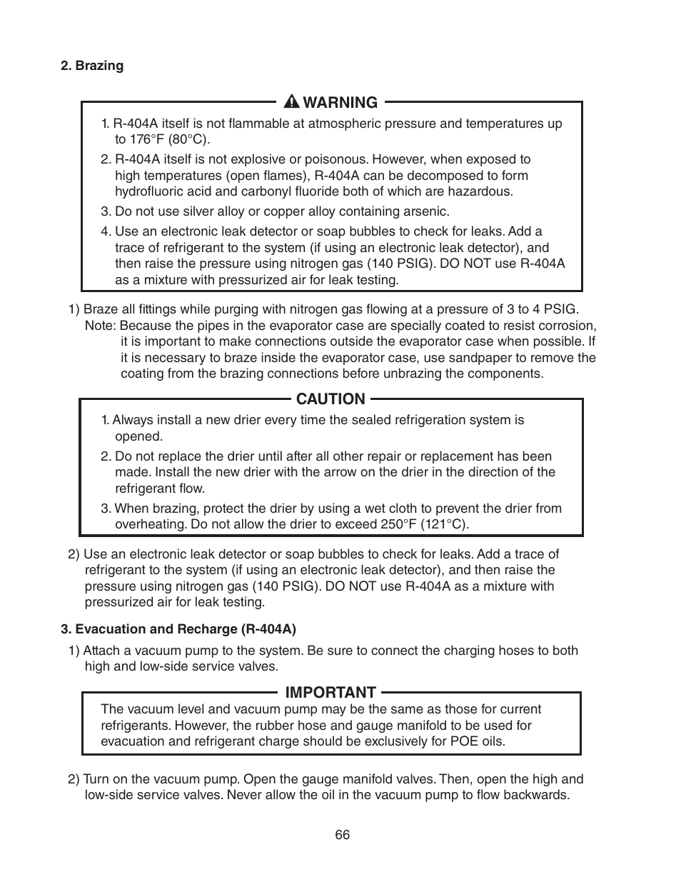 Brazing, Evacuation and recharge (r-404a), Brazing 3. evacuation and recharge (r-404a) | Hoshizaki KM-1301SAH/3 User Manual | Page 66 / 84