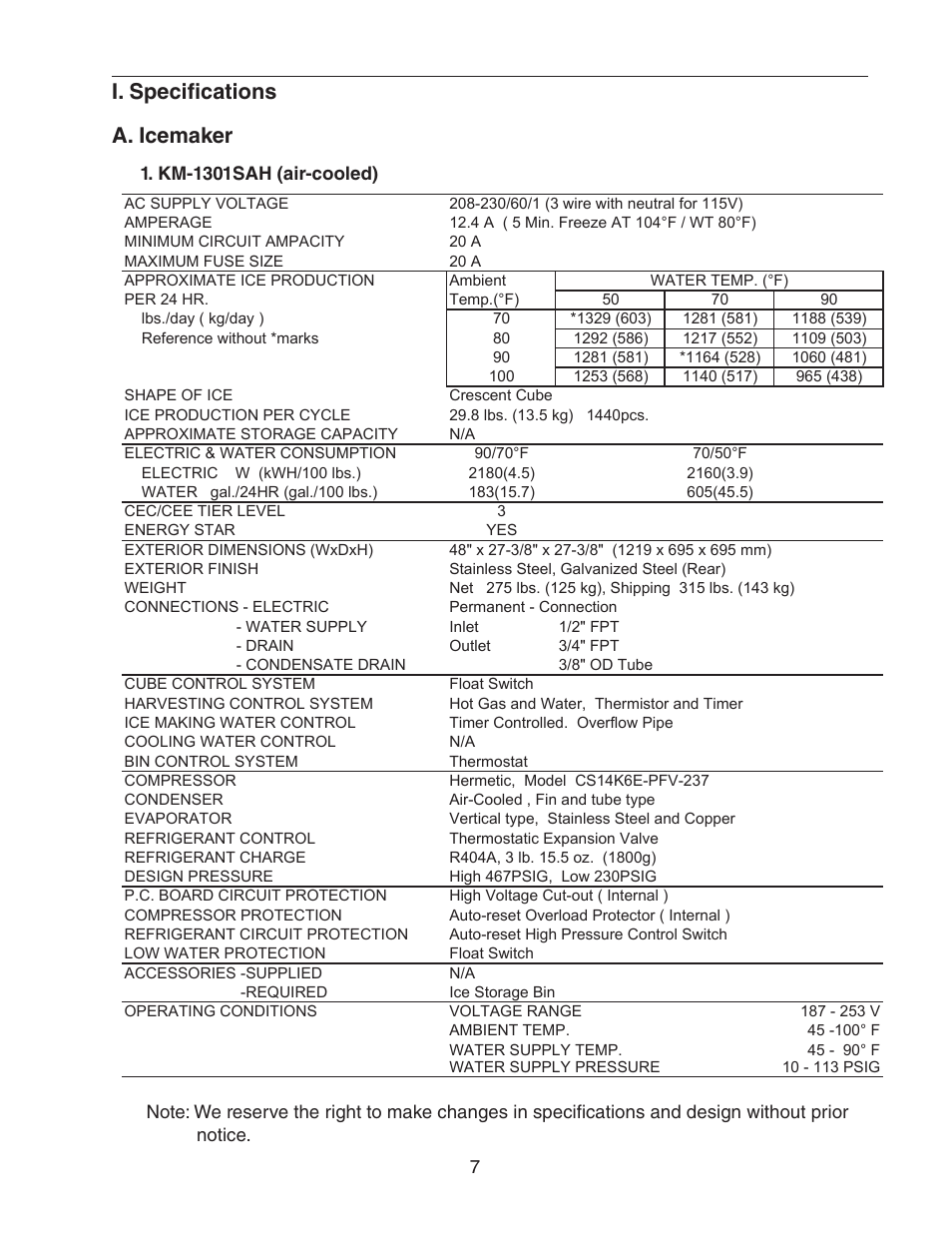 I. specifications, A. icemaker, Km-1301sah (air-cooled) | I. specifications a. icemaker | Hoshizaki KM-1301SAH/3 User Manual | Page 7 / 84