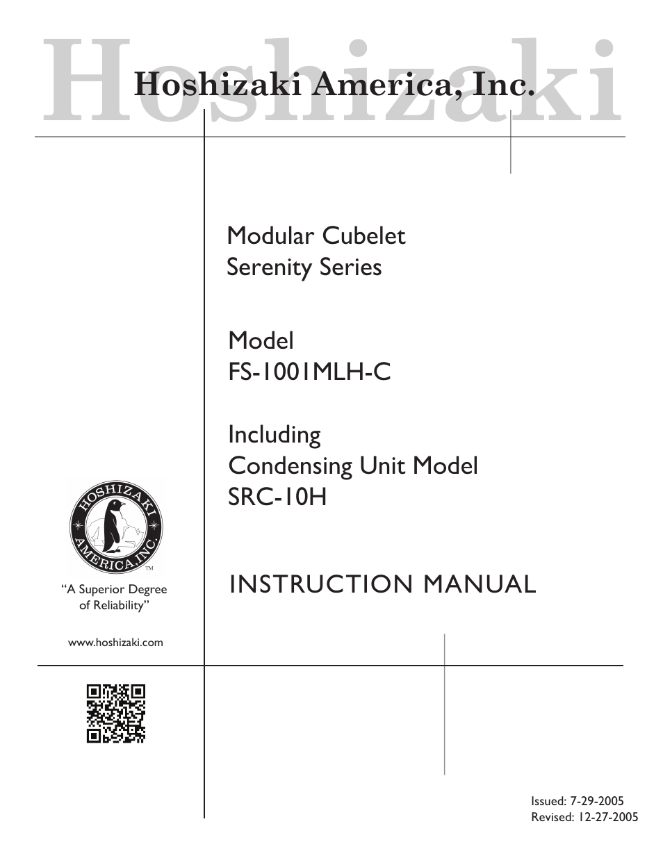 Hoshizaki MODULAR FLAKER SERENITY SERIES SRC-10H User Manual | 25 pages