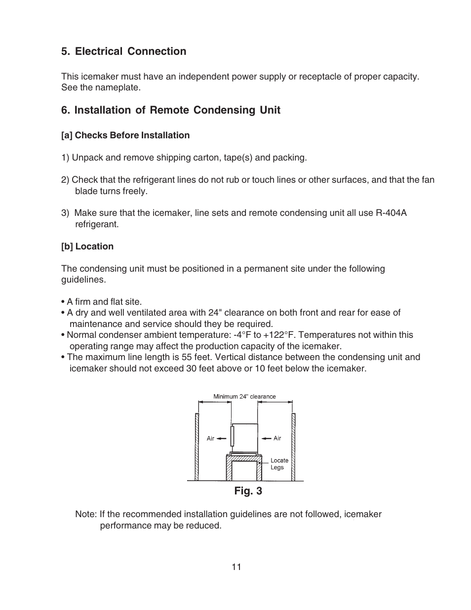 Electrical connection, Installation of remote condensing unit, A] checks before installation | B] location, A] checks before installation [b] location | Hoshizaki MODULAR FLAKER SERENITY SERIES SRC-10H User Manual | Page 11 / 25