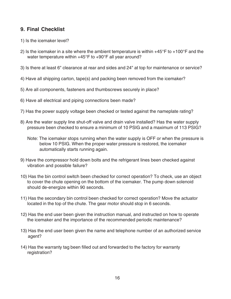 Final checklist | Hoshizaki MODULAR FLAKER SERENITY SERIES SRC-10H User Manual | Page 16 / 25