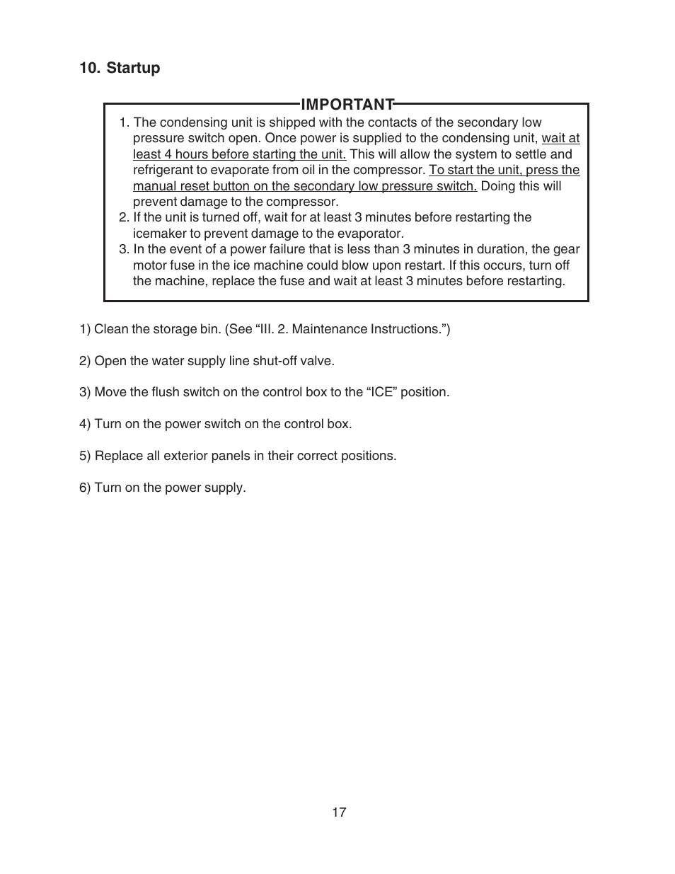 Startup | Hoshizaki MODULAR FLAKER SERENITY SERIES SRC-10H User Manual | Page 17 / 25