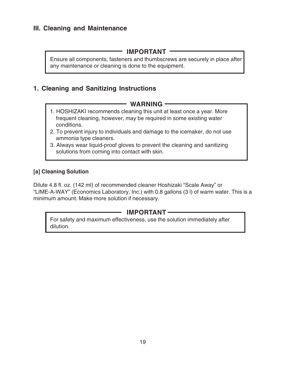 Iii. cleaning and maintenance, Cleaning and sanitizing instructions, A] cleaning solution | Hoshizaki MODULAR FLAKER SERENITY SERIES SRC-10H User Manual | Page 19 / 25