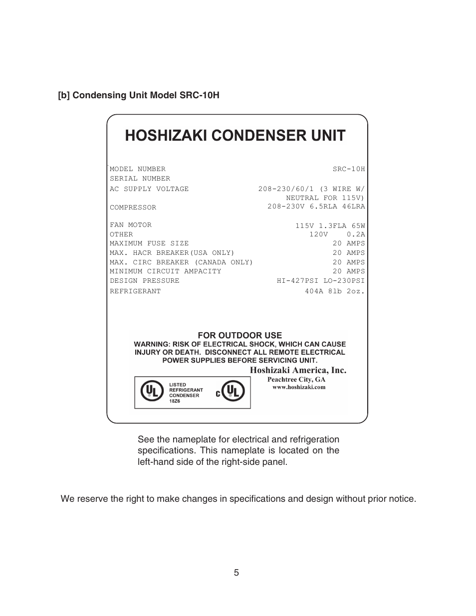 B] condensing unit model src-10h | Hoshizaki MODULAR FLAKER SERENITY SERIES SRC-10H User Manual | Page 5 / 25