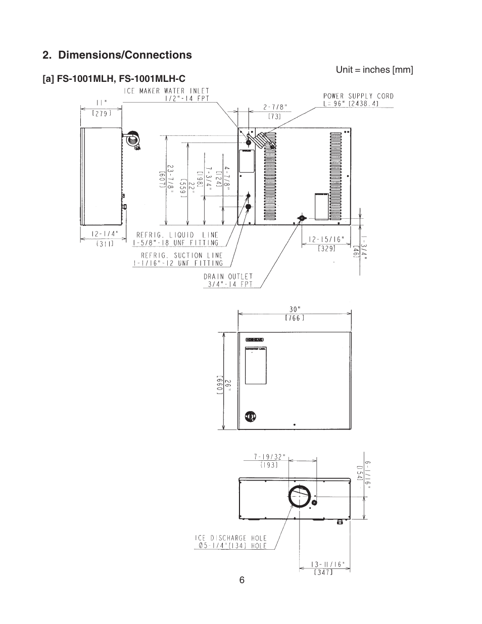 Dimensions/connections, A] fs-1001mlh, fs-1001mlh-c | Hoshizaki MODULAR FLAKER SERENITY SERIES SRC-10H User Manual | Page 6 / 25