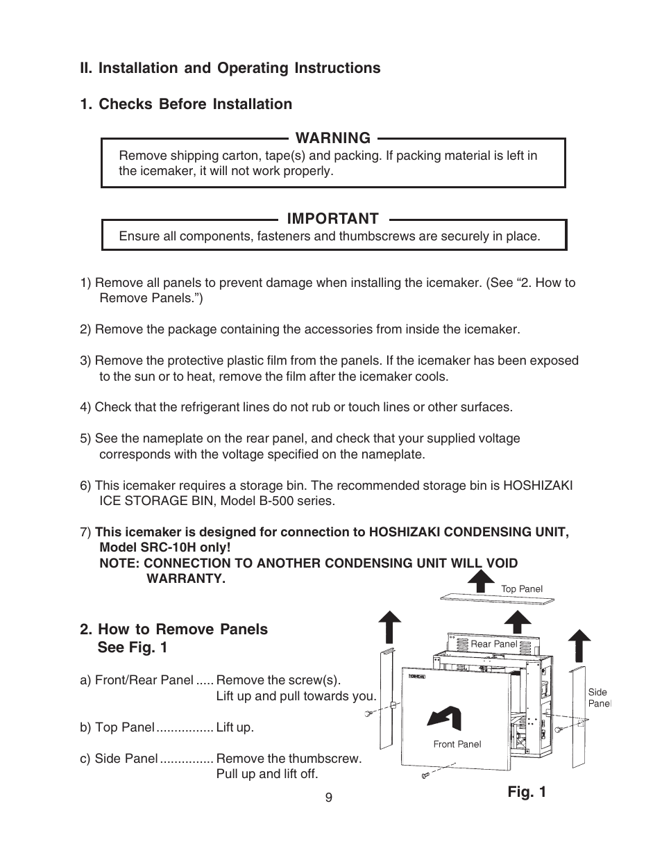 Ii. installation and operating instructions, Checks before installation, How to remove panels | Checks before installation 2. how to remove panels | Hoshizaki MODULAR FLAKER SERENITY SERIES SRC-10H User Manual | Page 9 / 25