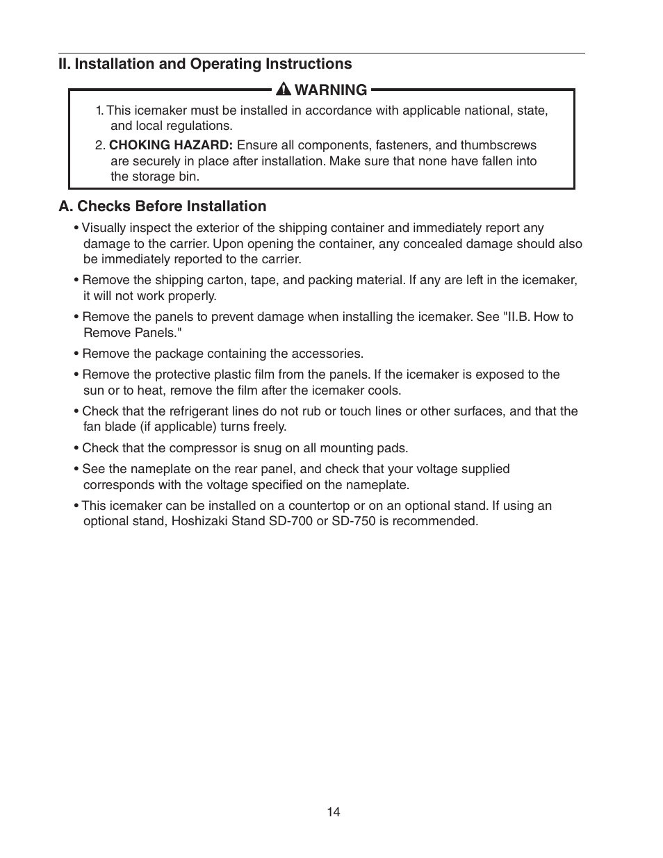 Ii. installation and operating instructions, A. checks before installation | Hoshizaki DCM-750BWH(-OS) User Manual | Page 14 / 32