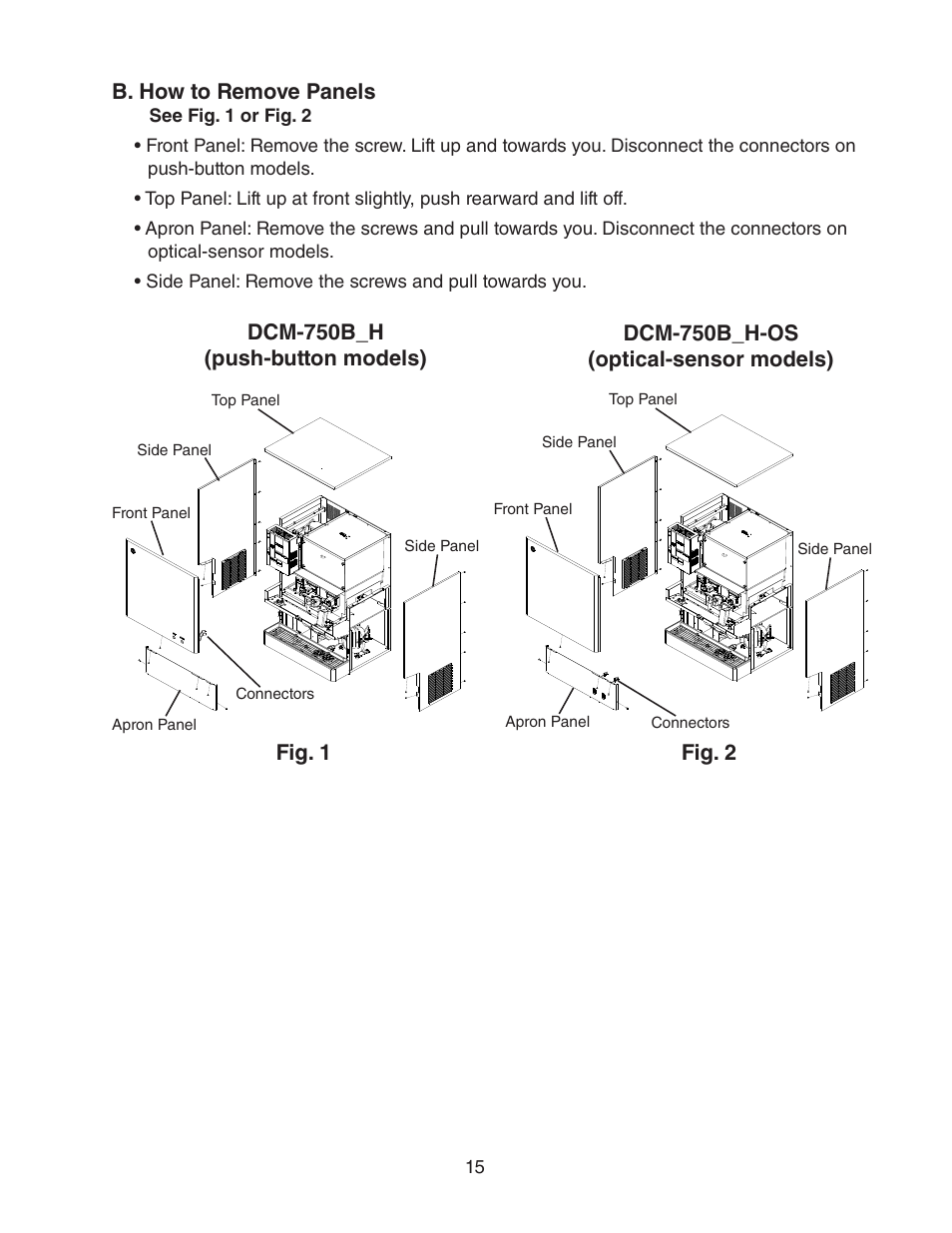 B. how to remove panels | Hoshizaki DCM-750BWH(-OS) User Manual | Page 15 / 32