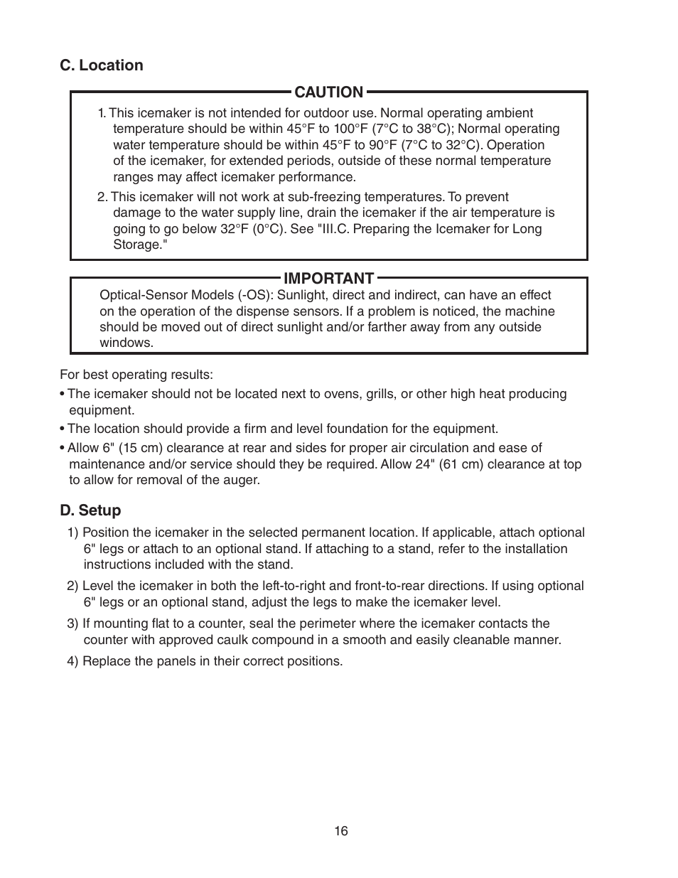 C. location, D. setup, C. location d. setup | Hoshizaki DCM-750BWH(-OS) User Manual | Page 16 / 32