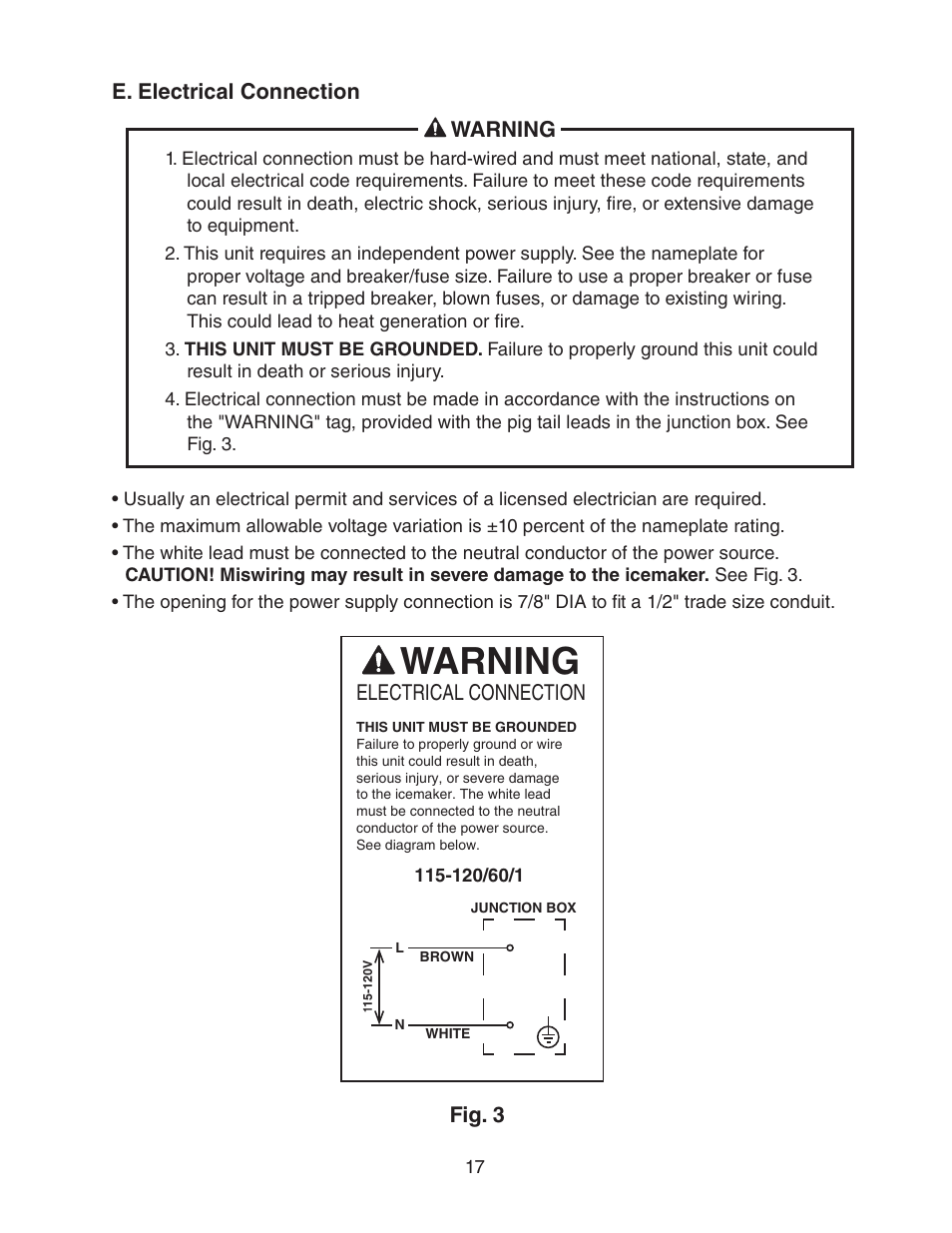 E. electrical connection, Warning | Hoshizaki DCM-750BWH(-OS) User Manual | Page 17 / 32