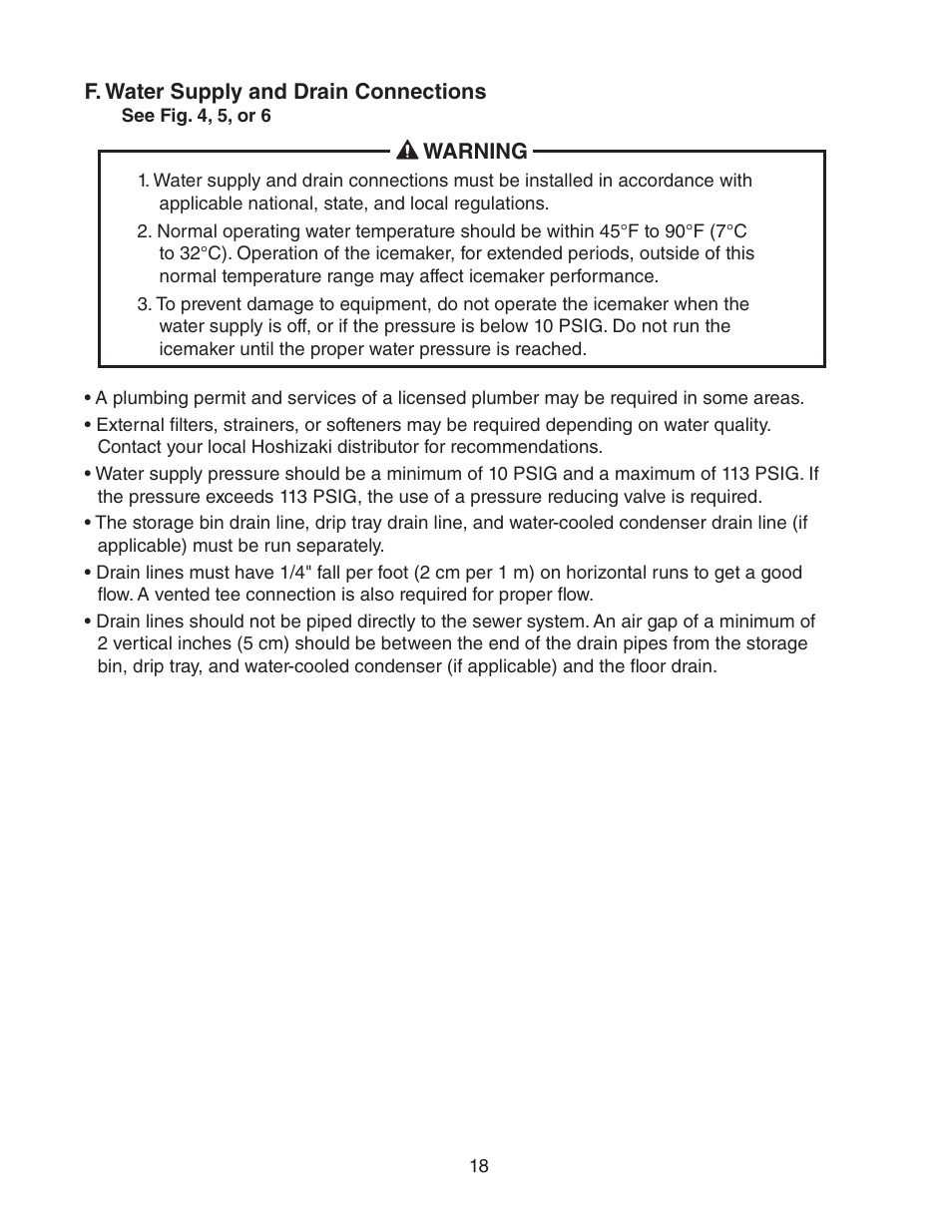 F. water supply and drain connections | Hoshizaki DCM-750BWH(-OS) User Manual | Page 18 / 32