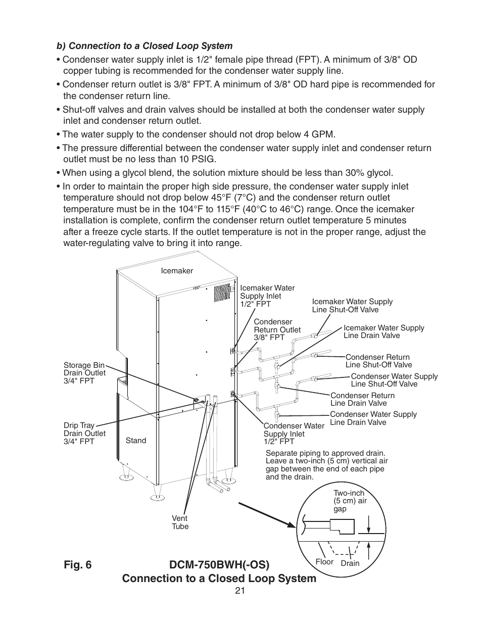 B) connection to a closed loop system | Hoshizaki DCM-750BWH(-OS) User Manual | Page 21 / 32