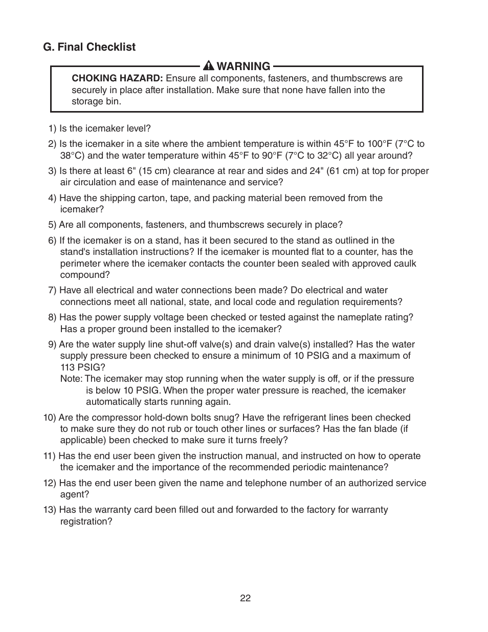 G. final checklist | Hoshizaki DCM-750BWH(-OS) User Manual | Page 22 / 32