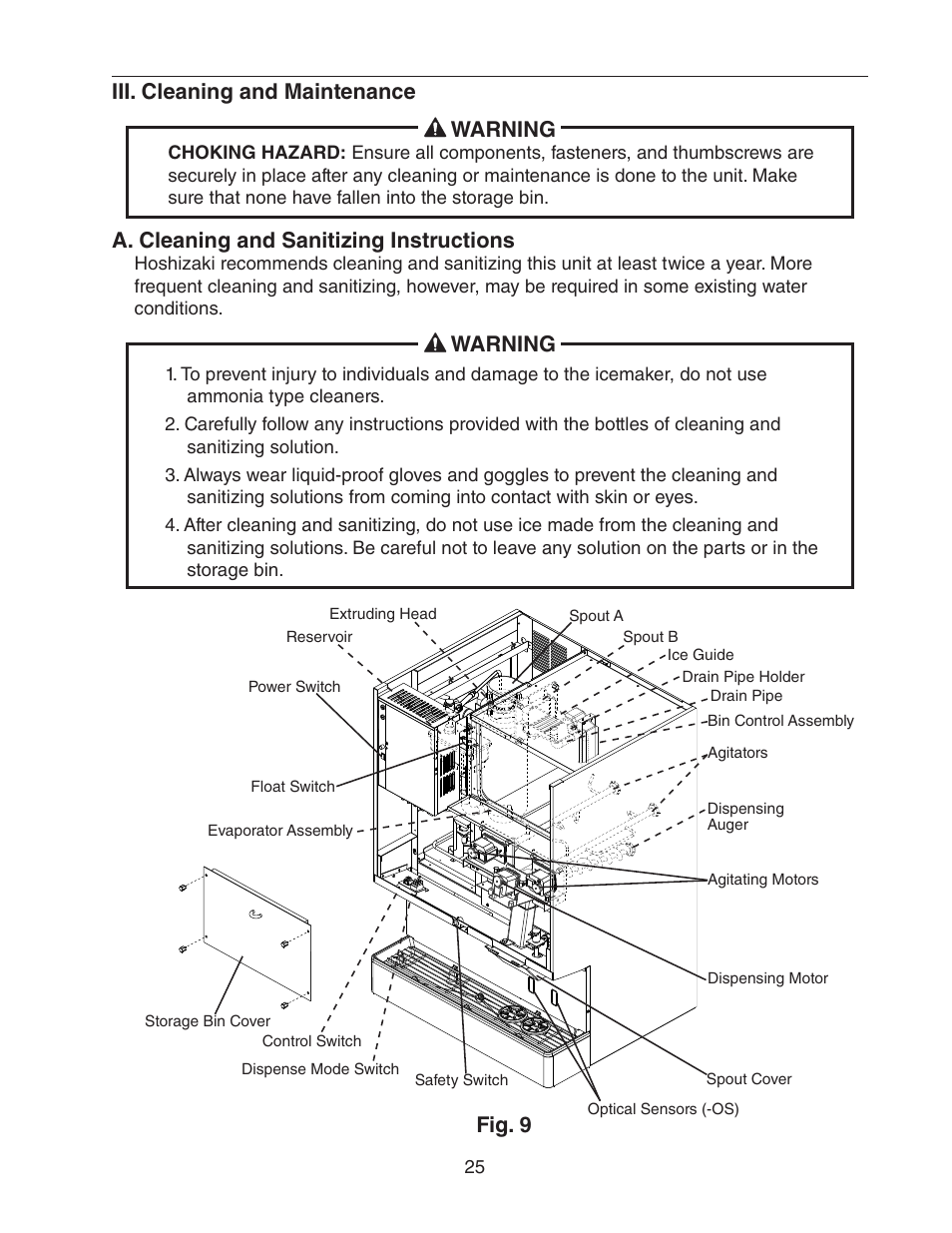 Iii. cleaning and maintenance, A. cleaning and sanitizing instructions, Iii. cleaning and maintenance warning | Warning, Fig. 9 | Hoshizaki DCM-750BWH(-OS) User Manual | Page 25 / 32