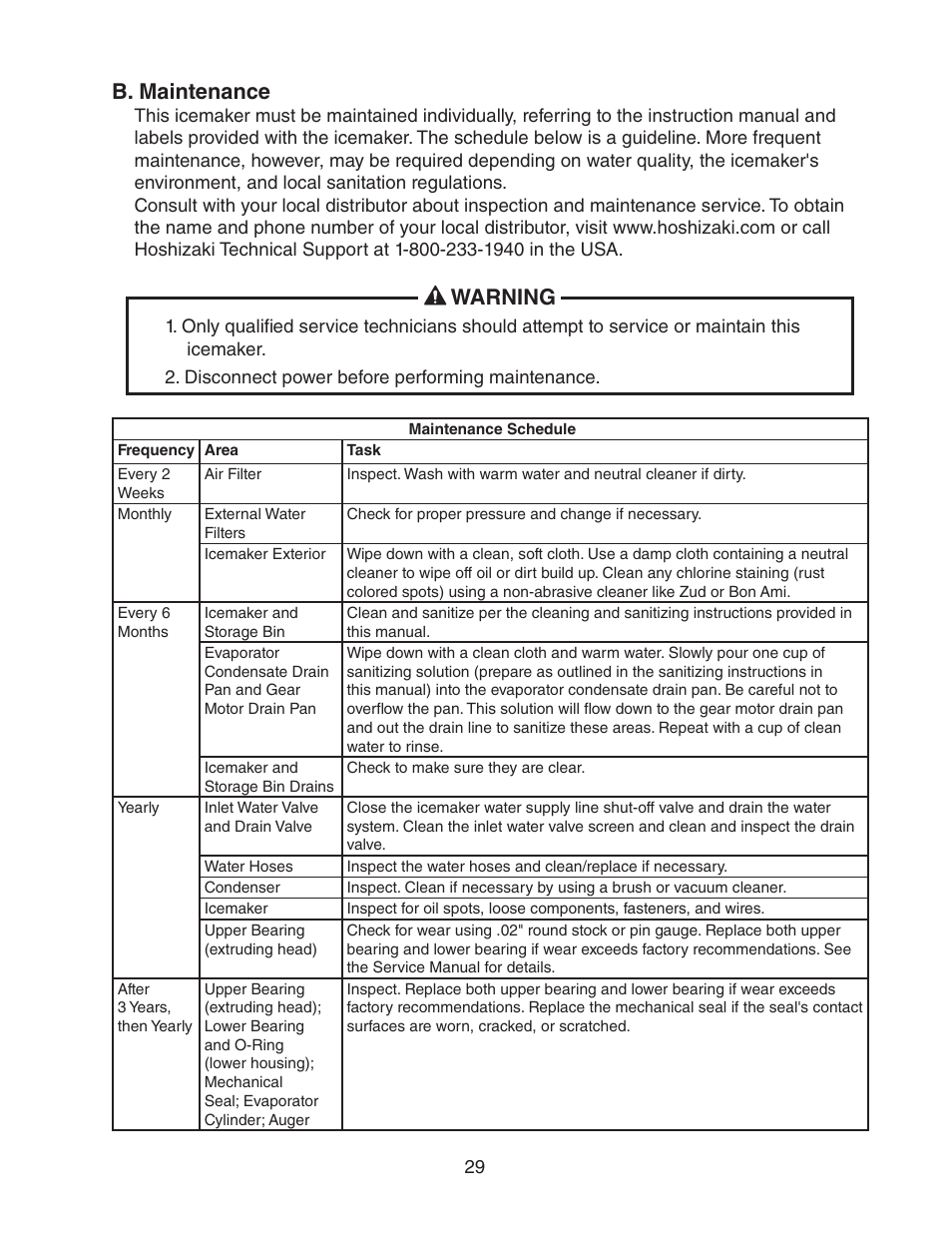 B. maintenance, Warning | Hoshizaki DCM-750BWH(-OS) User Manual | Page 29 / 32