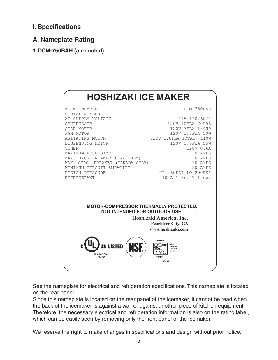 I. specifications, A. nameplate rating, Dcm-750bah (air-cooled) | Hoshizaki ice maker, I. specifications a. nameplate rating | Hoshizaki DCM-750BWH(-OS) User Manual | Page 5 / 32