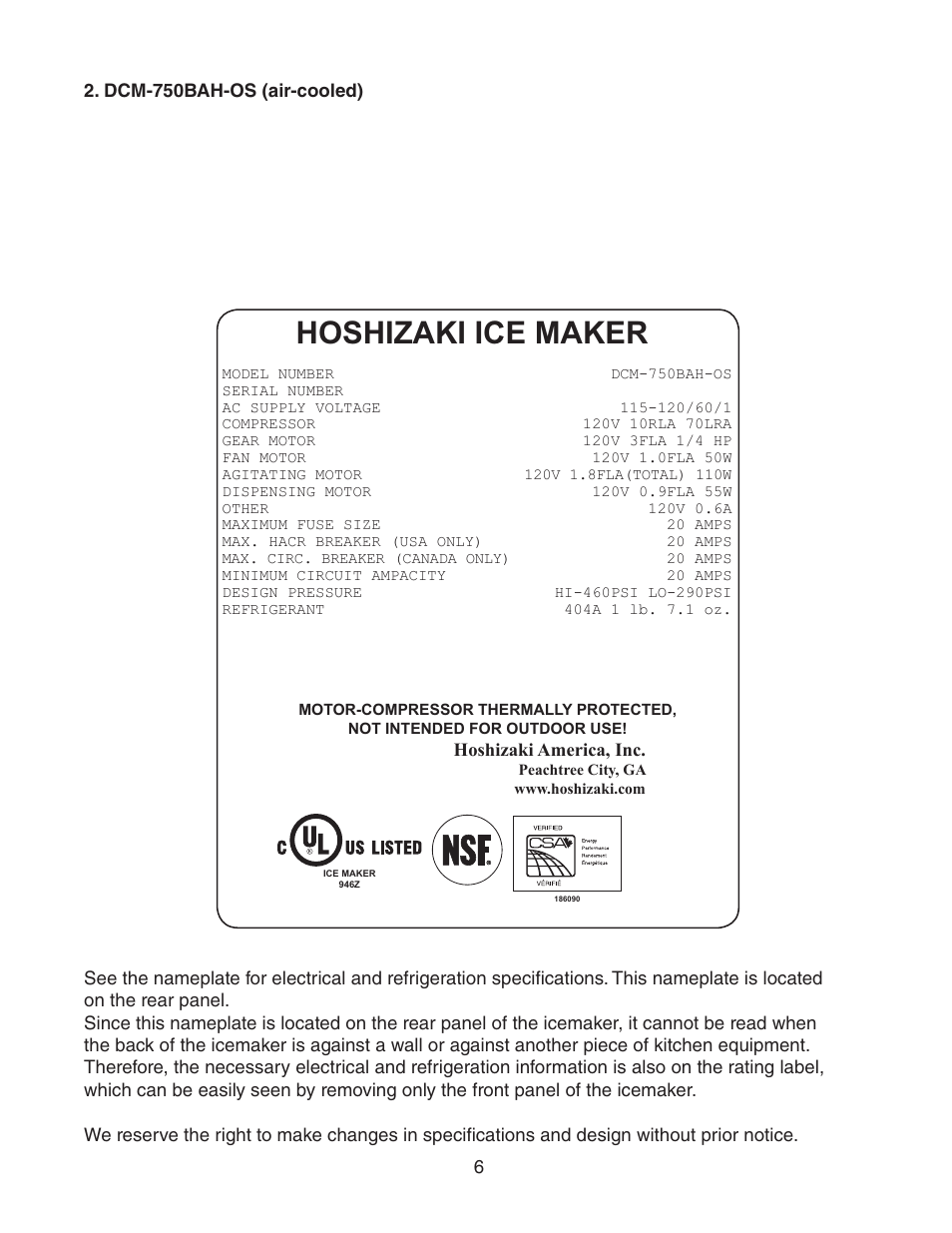 Dcm-750bah-os (air-cooled), Hoshizaki ice maker | Hoshizaki DCM-750BWH(-OS) User Manual | Page 6 / 32