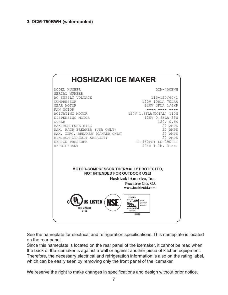 Dcm-750bwh (water-cooled), Hoshizaki ice maker | Hoshizaki DCM-750BWH(-OS) User Manual | Page 7 / 32