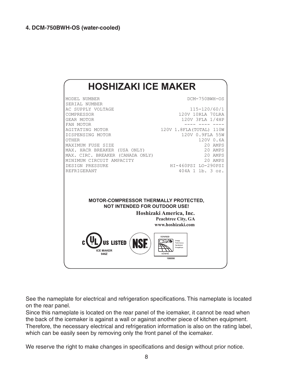 Dcm-750bwh-os (water-cooled), Hoshizaki ice maker | Hoshizaki DCM-750BWH(-OS) User Manual | Page 8 / 32