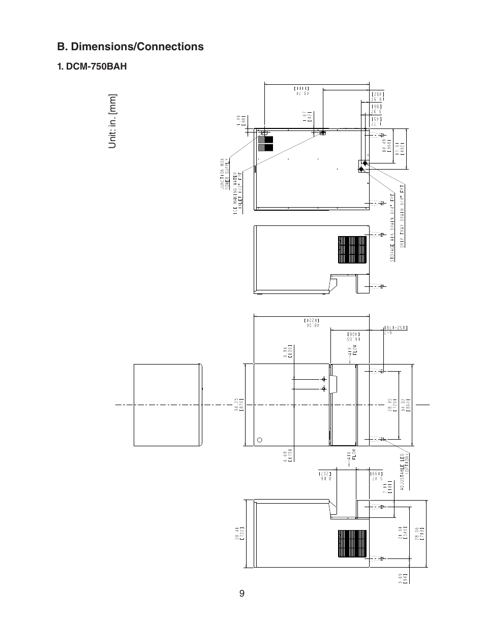 B. dimensions/connections, Dcm-750bah | Hoshizaki DCM-750BWH(-OS) User Manual | Page 9 / 32