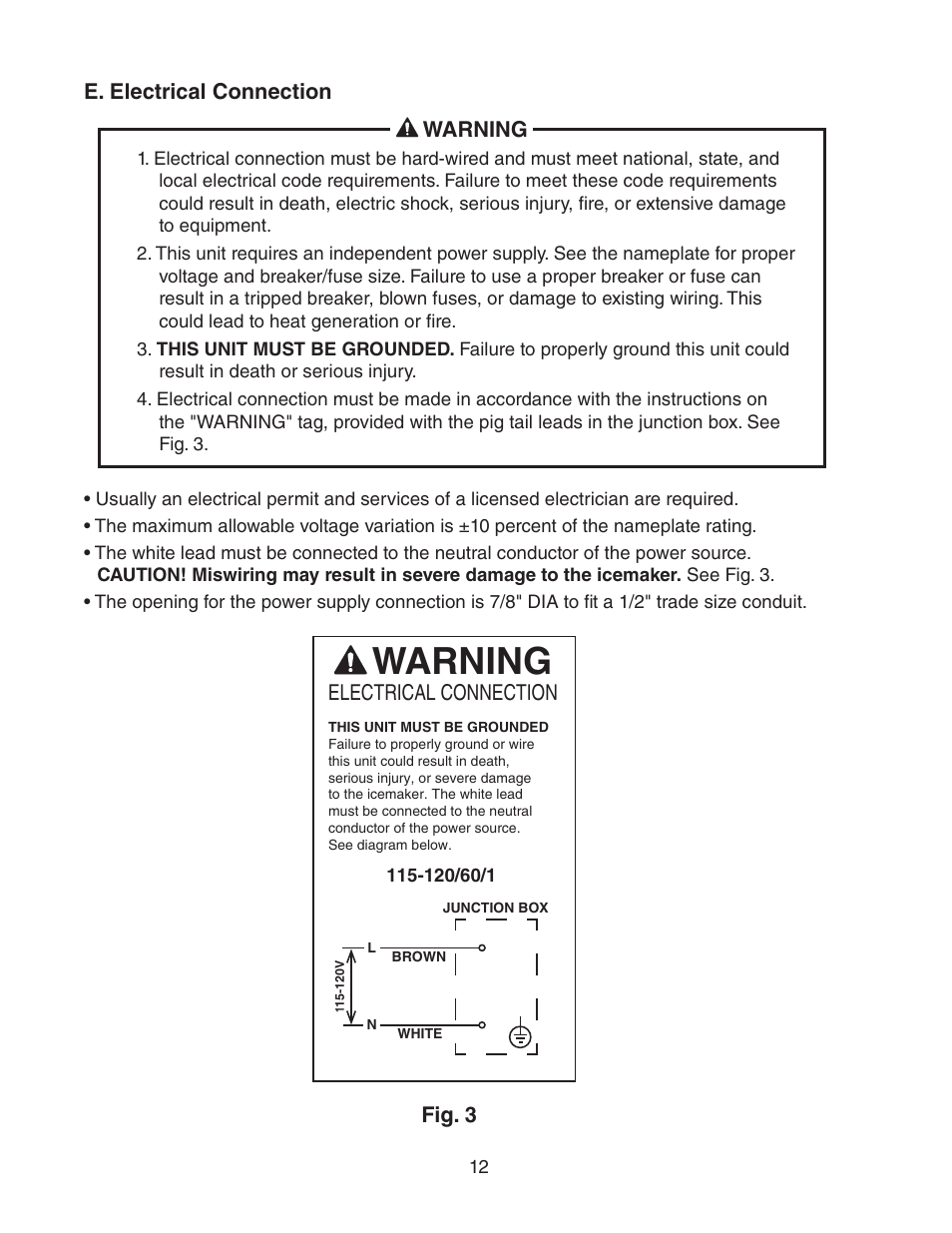 E. electrical connection, Warning | Hoshizaki DCM-300BAH(-OS) User Manual | Page 12 / 25