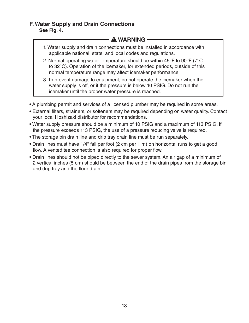 F. water supply and drain connections | Hoshizaki DCM-300BAH(-OS) User Manual | Page 13 / 25
